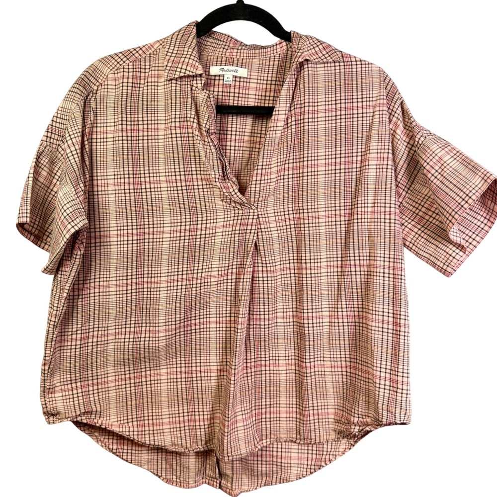 Madewell Plaid Button Back Top Women XS Pink Short Sleeve Cotton Preppy Boho
